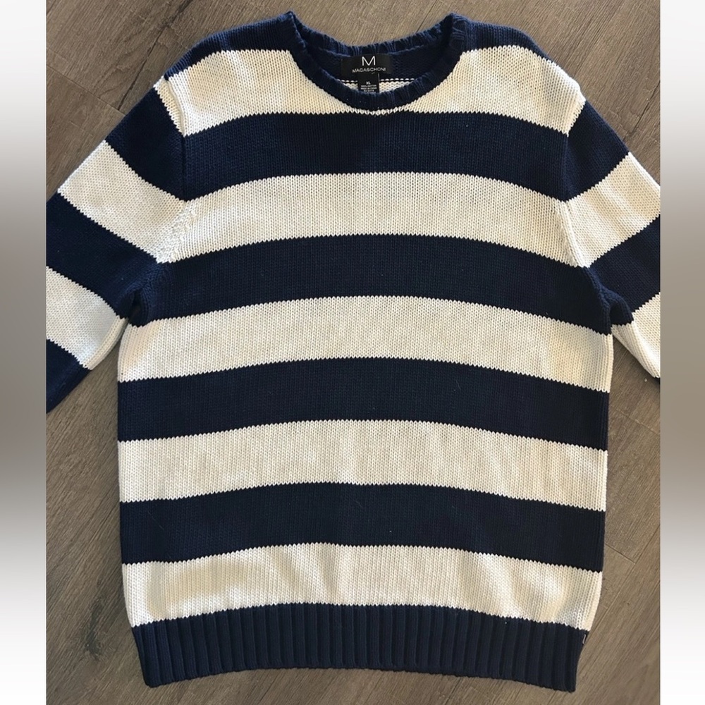Magaschoni Sweater Mens XL 100% Cotton Navy Ivory Rugby‎ Striped Excellent